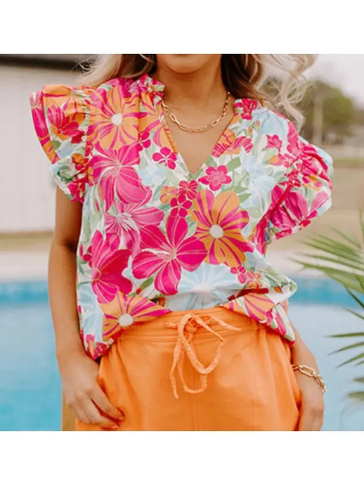 Destiny Vibrant Colors Floral Ruffle Top