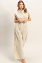 Load image into Gallery viewer, Deidra Striped Button-Down Linen Blend Light Taupe or Light Blue Jumpsuit