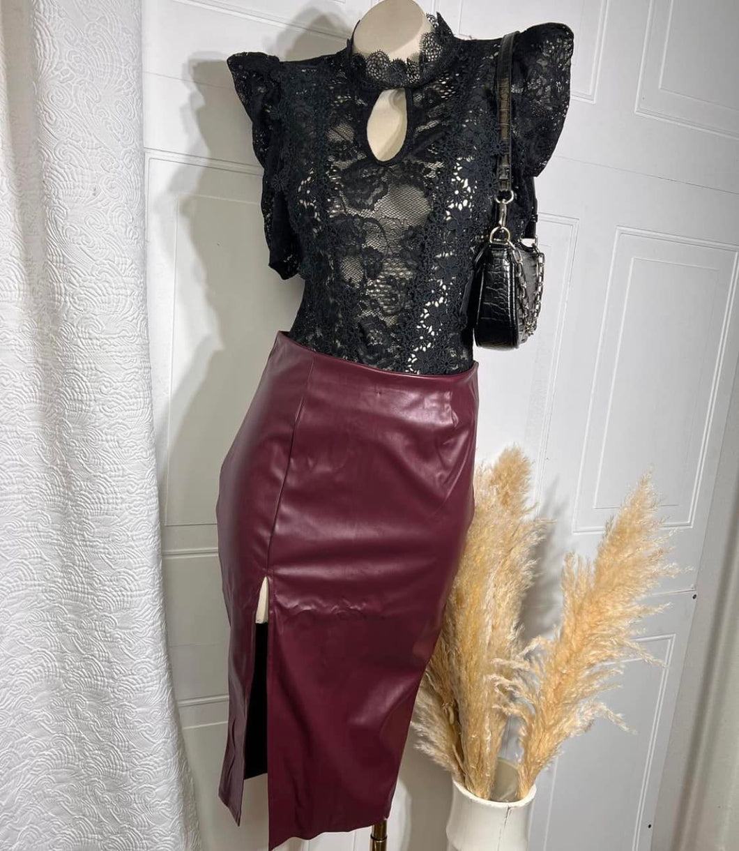 Georgina Burgundy  Mid Length Vegan Leather Skirt