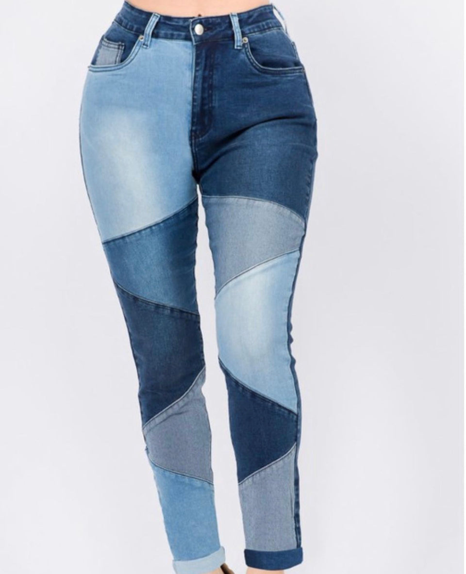 Jenna Black or Denim Patchwork Color Block Stretchy High Waist Skinny Jeans