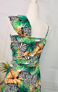 Monica Green Zebra Print Spaghetti Strap Side Low Tie High Low Dress