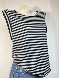 Matilda Grey and Black Striped Sleeveless Round Neck Top