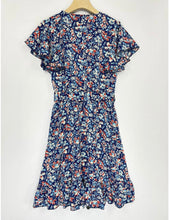 Load image into Gallery viewer, Lilian navy Floral Short Sleeve Back Tie Midi Dress