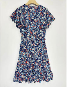 Lilian navy Floral Short Sleeve Back Tie Midi Dress