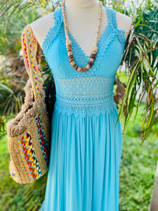 Sabrina Teal Mandle  Crotchet Front Detail V-Neck Maxi Dress