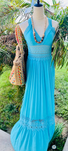 Sabrina Teal Mandle  Crotchet Front Detail V-Neck Maxi Dress