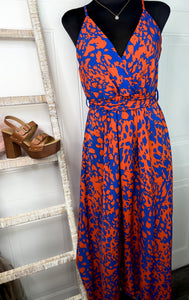 Leslie Blue and Orange Print Spaghetti Strap Midi Dress