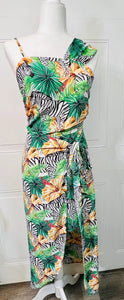 Monica Green Zebra Print Spaghetti Strap Side Low Tie High Low Dress