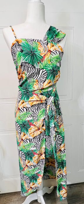 Monica Green Zebra Print Spaghetti Strap Side Low Tie High Low Dress