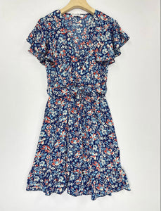 Lilian navy Floral Short Sleeve Back Tie Midi Dress