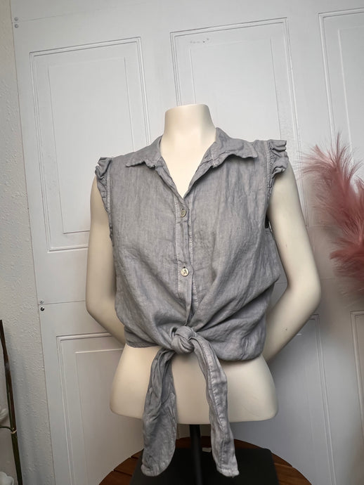 Paloma Grigio Linen Front Tie Buttoned Up Sleeveless Top