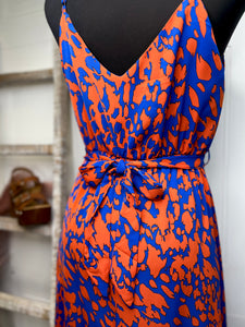 Leslie Blue and Orange Print Spaghetti Strap Midi Dress
