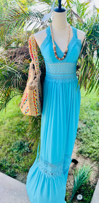 Sabrina Teal Mandle  Crotchet Front Detail V-Neck Maxi Dress