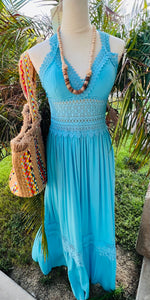 Sabrina Teal Mandle  Crotchet Front Detail V-Neck Maxi Dress