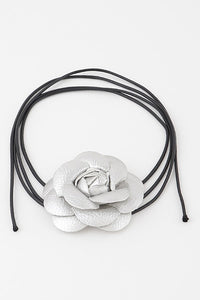 Penelope Pink or Silver Leather Rose Flower Wrap Choker Necklace