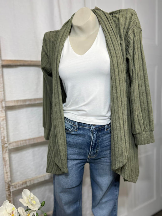 MIranda Olive Green Ribbed Long Cardigan