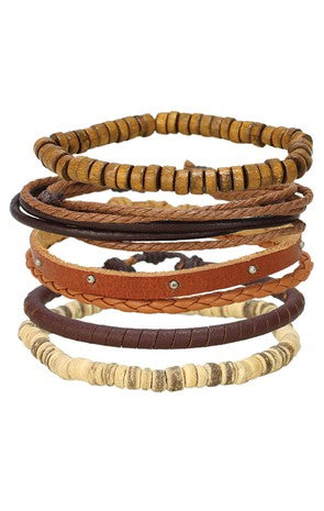 Wood & Leather Brown Unisex Bracelet Set