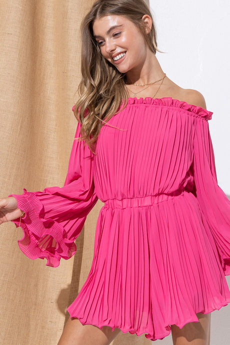Felicia Black or Fuchsia Chiffon Pleated Ruffle Detail Romper