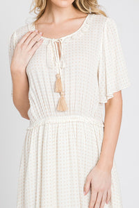 Cleo Cream Polka Dot Frill Dress with Tassel Detail Tie