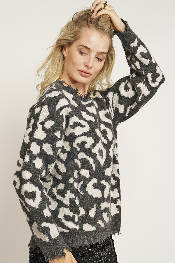 Brittney Animal Print Sweater in Brick, Charcoal