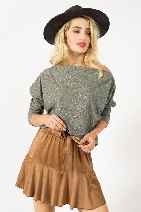 Karise Olive Foiled Off the Shoulder Boat neck Top.