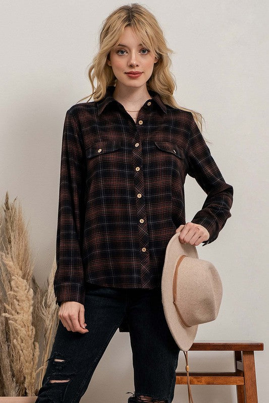 Averie Brown/Black multi color button up flannel