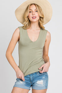 Ana Fog, Pale Olive or Slate Blue Double Lined V Neck Top