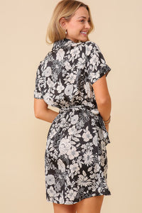 Veronica Black/White Floral Print Wrap Satin Dress