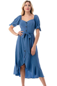 Slate blue square neck button down dress.