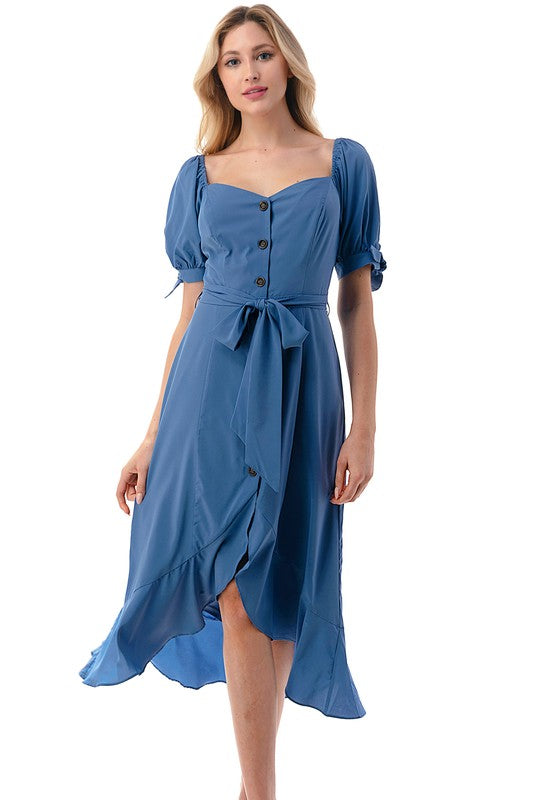 Slate blue square neck button down dress.