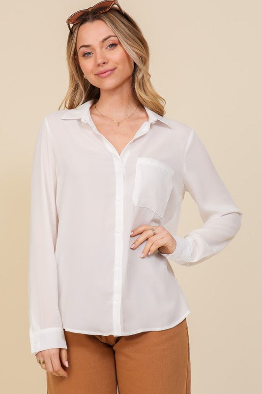 Off White or Black Long sleeve chiffon button down blouse