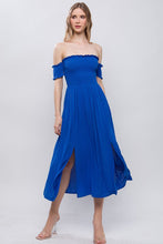 Load image into Gallery viewer, **CLEARANCE **Azure Off the shoulder Smocked bodice Midi Dress