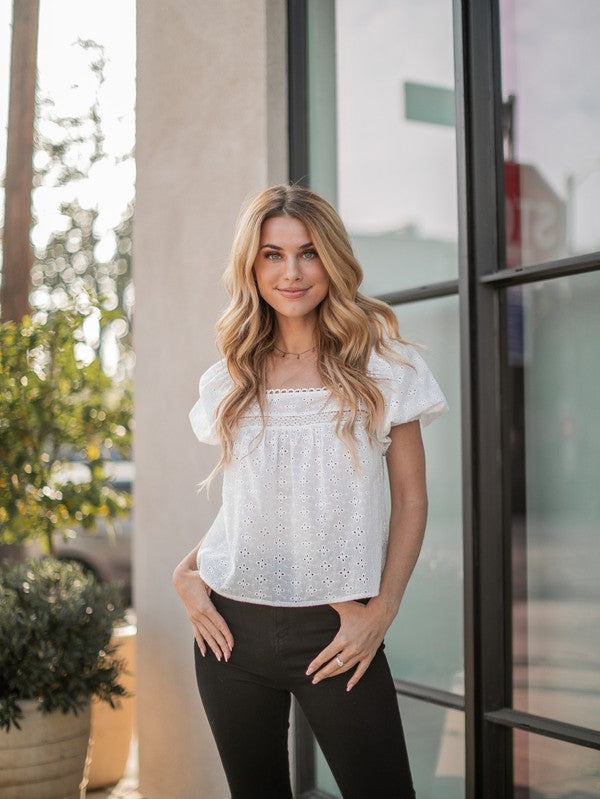 Tessa White Cotton Eyelet Top with Puff sleeves