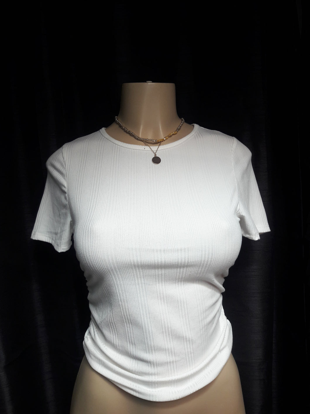 White Basic Ribbed Top with Round Neckline and Cinched Sides