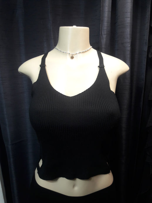 Black V Neck Basic Ribbed Back Cross Over Tank Top