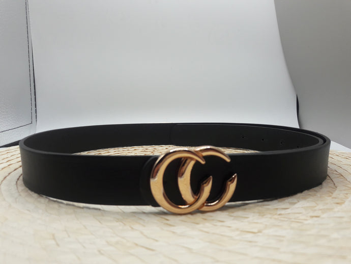 Black  Faux Leather Belt with Gold Tone Buckle