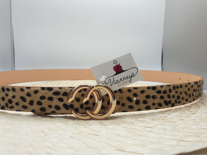 Fabiela Ivory, Sand, or Olive Green Leopard Print Belt with Gold Tone Buckle and Faux Leather Trim