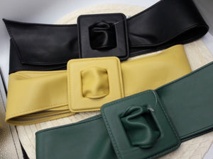 Daniela Black, Green, or Yellow Faux Leather Belt w/ Square Buckle