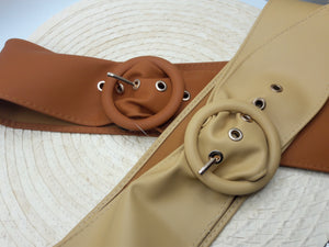 Viridiana Tan or Rust Faux Leather Belt w/ Circular Buckle