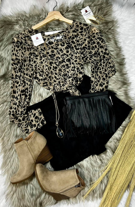 Mocha and Black Long Sleeve Mesh Animal Print Top