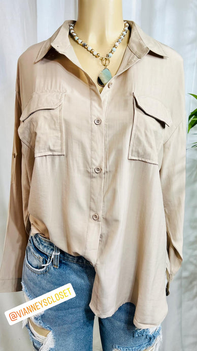 Bella Beige Long Sleeve Button Up