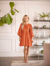 Load image into Gallery viewer, Columba Terracotta or Mustard Flowy Embroidered Boho Chic Dress