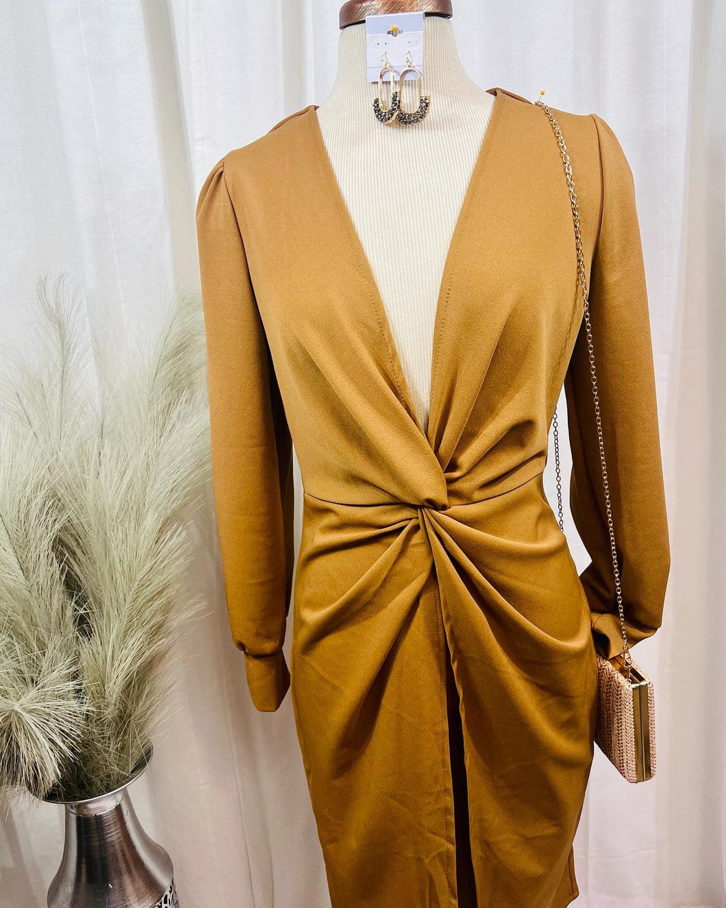 Mocha Solid Deep V Neck Cuffed Front Twist Dress – Vianney's Closet