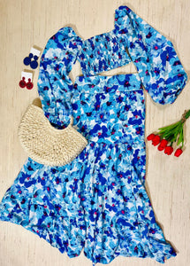 Shades of Blue Floral Print 2pc Maxi Skirt Set