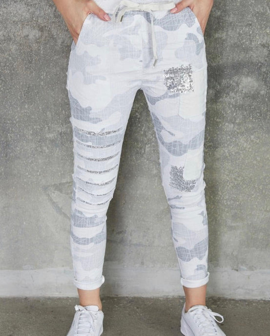 Pencil Sketch Camo Print Crinkle Jogger w/ Sequin Patches