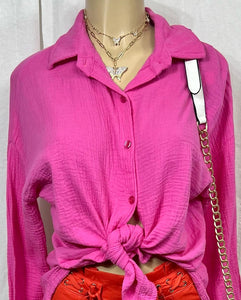 *CLEARANCE* Candy Hot Pink Solid Embossed Textured Button-Down Long Sleeve Blouse