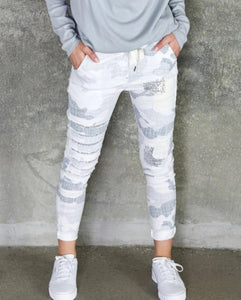 Pencil Sketch Camo Print Crinkle Jogger w/ Sequin Patches