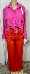 *CLEARANCE* Candy Hot Pink Solid Embossed Textured Button-Down Long Sleeve Blouse