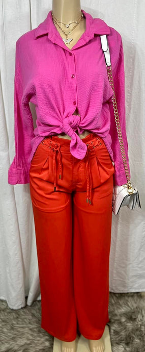 *CLEARANCE* Candy Hot Pink Solid Embossed Textured Button-Down Long Sleeve Blouse