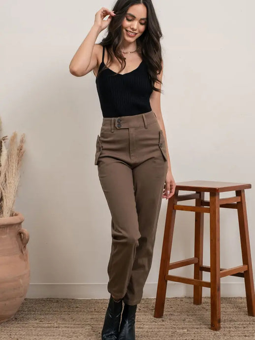 Deonne Olive, Khaki Cotton Extended Two Button Pants